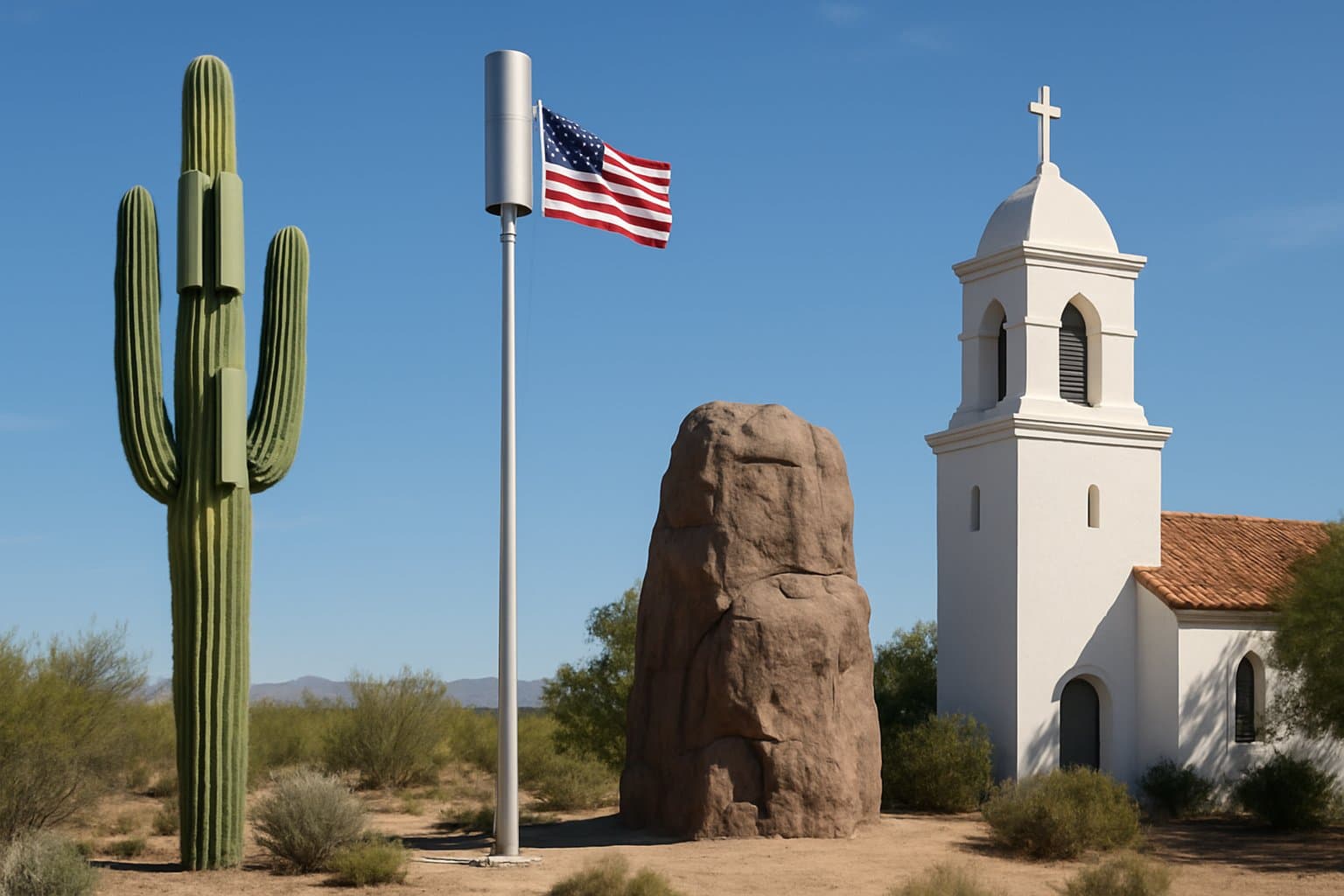 Four stealth cellular installations side by side: a saguaro cactus, a flagpole with a wider top housing, a faux rock outcrop, and a church bell tower with louvered openings